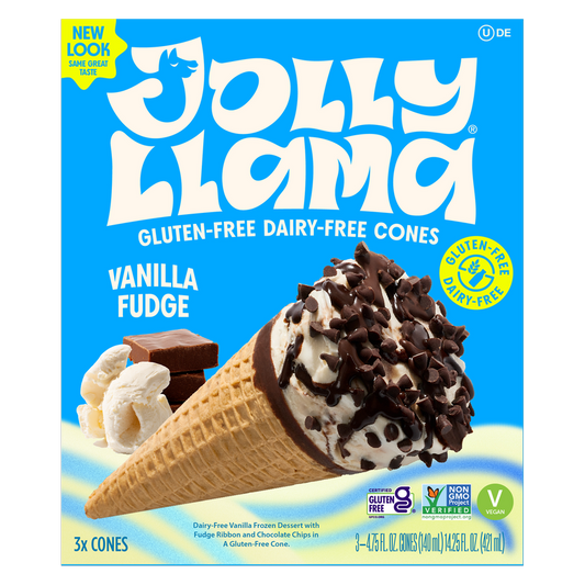 Jolly Llama, Dairy Free Gluten Free Coconut Cream Vanilla Fudge Sundae Cones