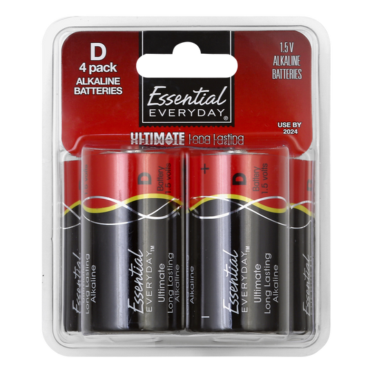 Essential Everyday D Alkaline Batteries 4ct